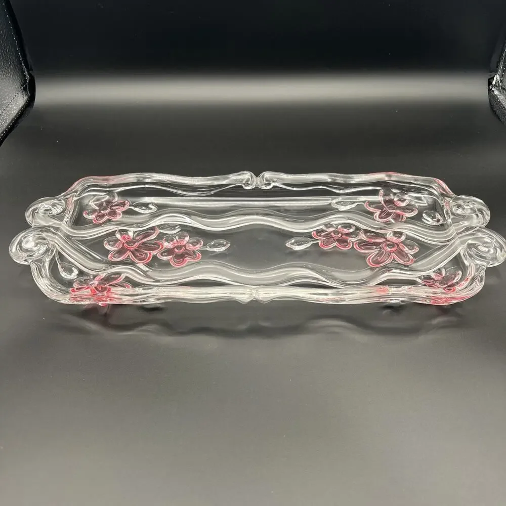 Vintage Mikasa Pink Flowers Blossom Crystal Plate Serving Tray Canopy Cottage